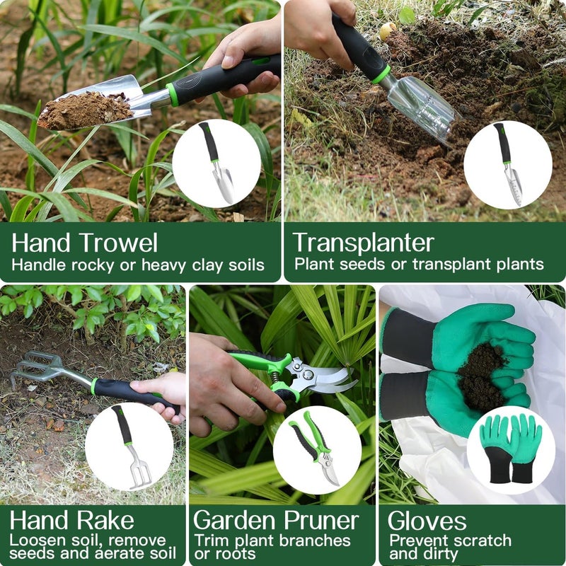 Housolution Gardening Tools Set, 8PCS Heavy Duty Garden Tools with Non-Slip Rubber Grip with Large Garden Bag for Tools Aluminum Alloy Hand Tools for Gardening,Gardening Gifts for Women and Men, Green - Image 4